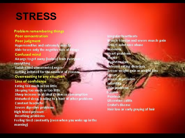 STRESS Problem remembering things Poor concentration Poor judgment Irregular heartbeats Muscle tension and severe STRESS Problem remembering things Poor concentration Poor judgment Irregular heartbeats Muscle tension and severe