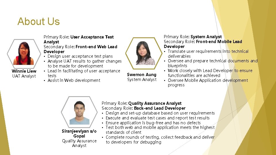 About Us Winnie Liew UAT Analyst Primary Role: User Acceptance Test Analyst Secondary Role: