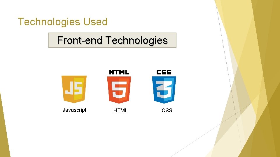 Technologies Used Front-end Technologies Javascript HTML CSS 