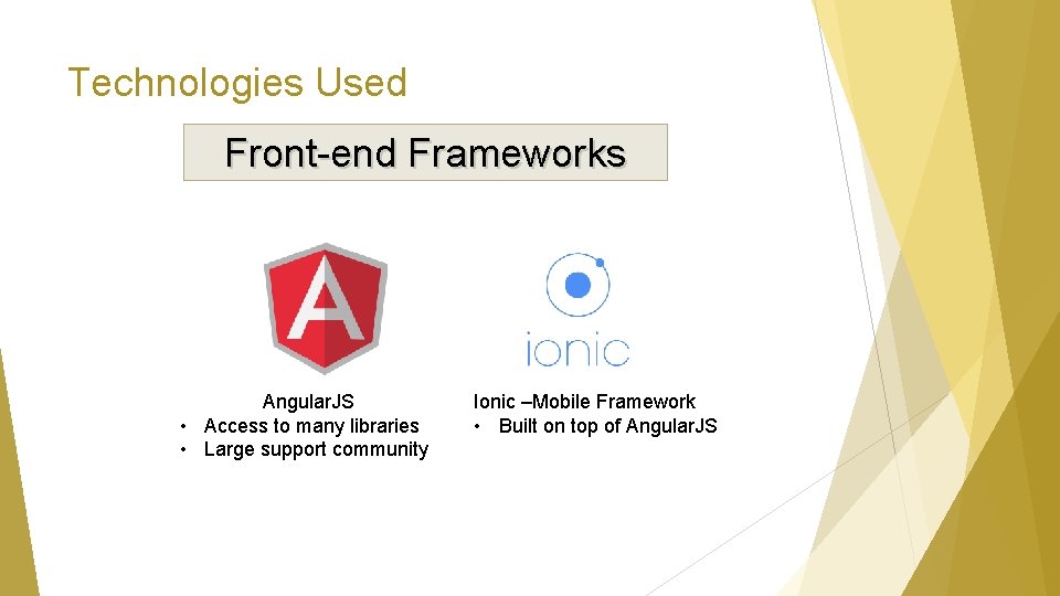 Technologies Used Front-end Frameworks Angular. JS • Access to many libraries • Large support