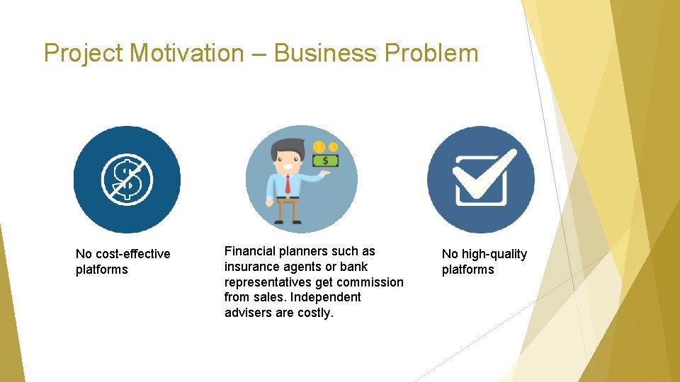 Project Motivation – Business Problem No cost-effective platforms Financial planners such as insurance agents