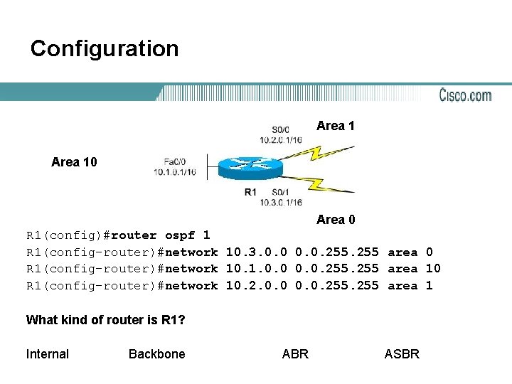 Configuration Area 10 Area 0 R 1(config)#router ospf 1 R 1(config-router)#network 10. 3. 0.