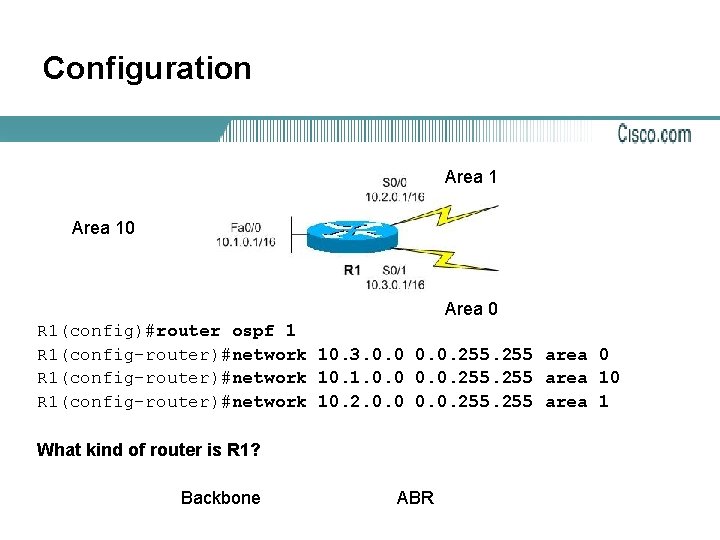 Configuration Area 10 Area 0 R 1(config)#router ospf 1 R 1(config-router)#network 10. 3. 0.