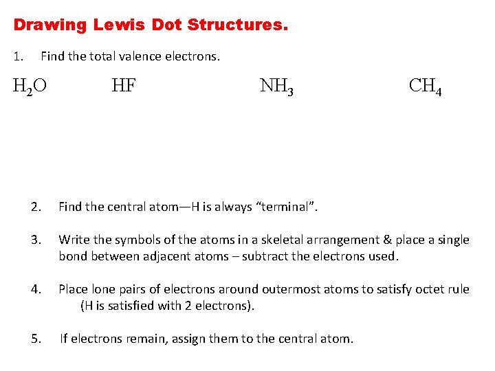 Drawing Lewis Dot Structures. 1. Find the total valence electrons. H 2 O HF Drawing Lewis Dot Structures. 1. Find the total valence electrons. H 2 O HF