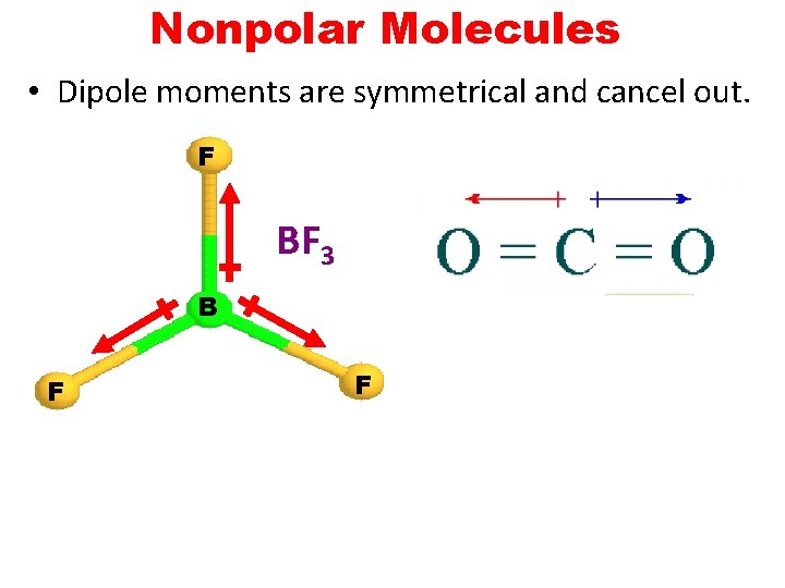 Nonpolar Molecules • Dipole moments are symmetrical and cancel out. F BF 3 B Nonpolar Molecules • Dipole moments are symmetrical and cancel out. F BF 3 B