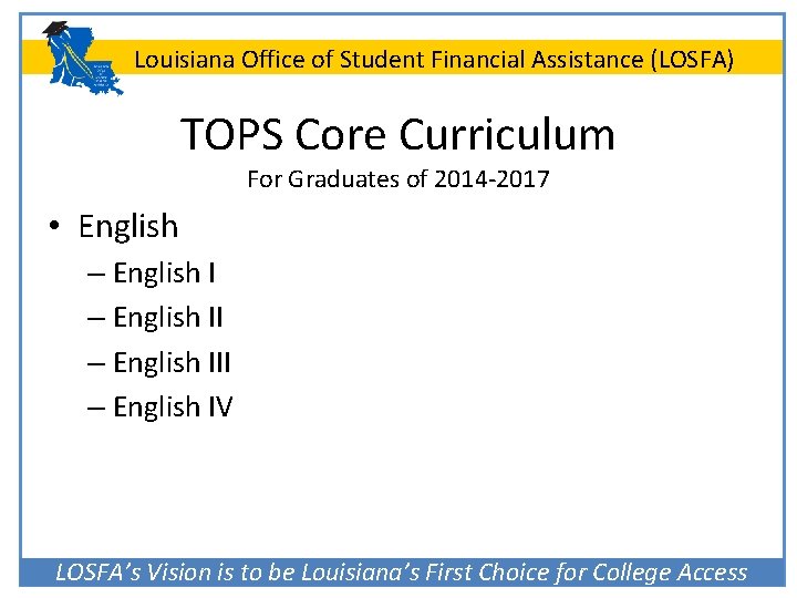 Louisiana Office of Student Financial Assistance (LOSFA) TOPS Core Curriculum For Graduates of 2014