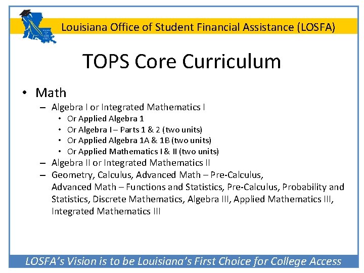 Louisiana Office of Student Financial Assistance (LOSFA) TOPS Core Curriculum • Math – Algebra