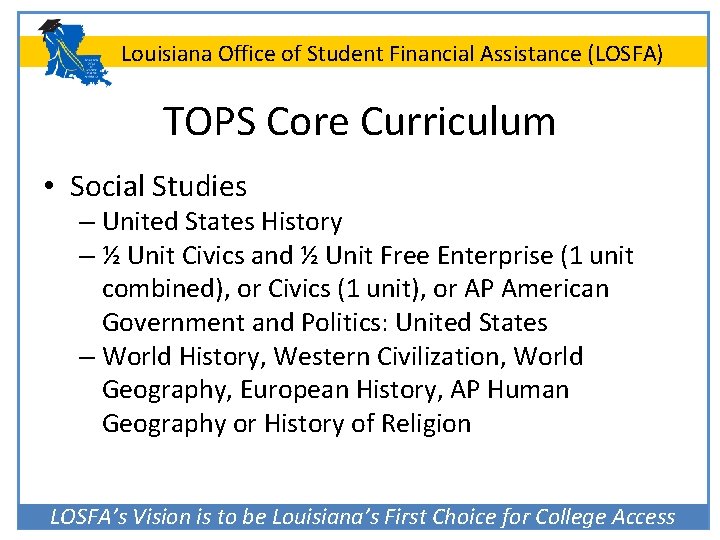 Louisiana Office of Student Financial Assistance (LOSFA) TOPS Core Curriculum • Social Studies –