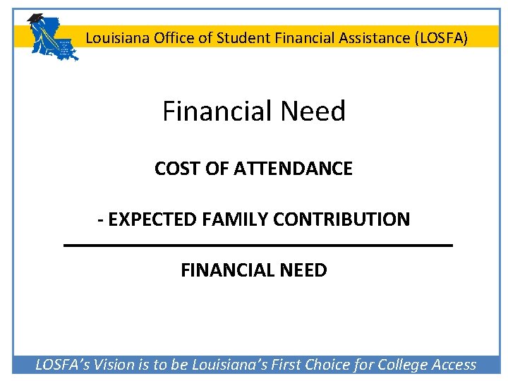 Louisiana Office of Student Financial Assistance (LOSFA) Financial Need COST OF ATTENDANCE - EXPECTED