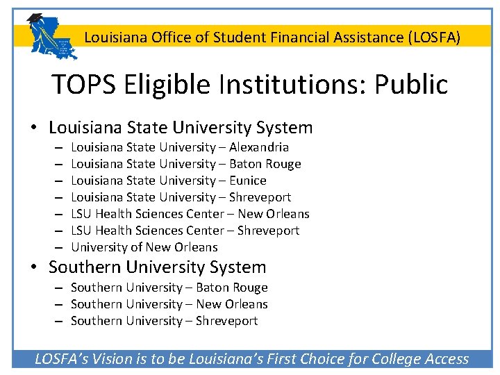 Louisiana Office of Student Financial Assistance (LOSFA) TOPS Eligible Institutions: Public • Louisiana State