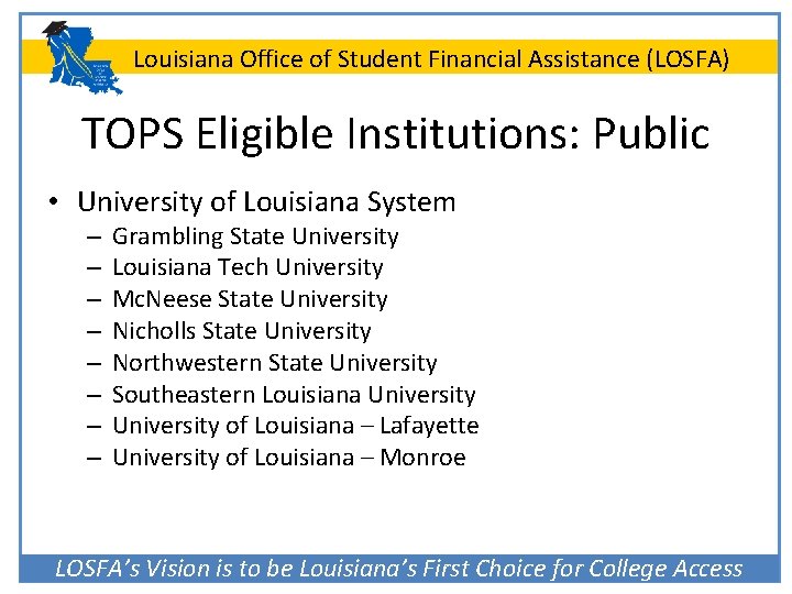 Louisiana Office of Student Financial Assistance (LOSFA) TOPS Eligible Institutions: Public • University of