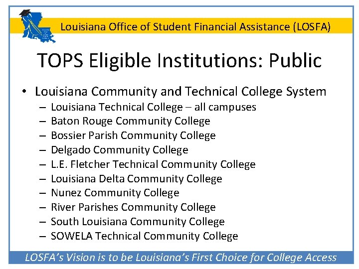 Louisiana Office of Student Financial Assistance (LOSFA) TOPS Eligible Institutions: Public • Louisiana Community