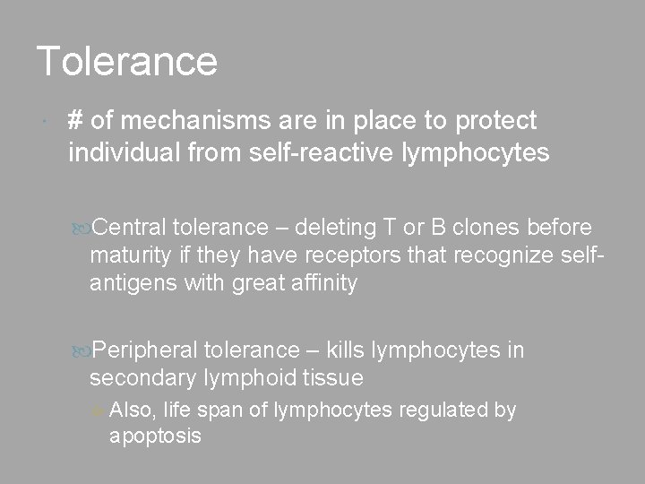 Tolerance # of mechanisms are in place to protect individual from self-reactive lymphocytes Central