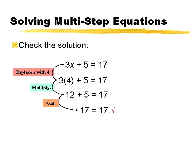Solving Multi-Step Equations z. Check the solution: 3 x + 5 = 17 Replace