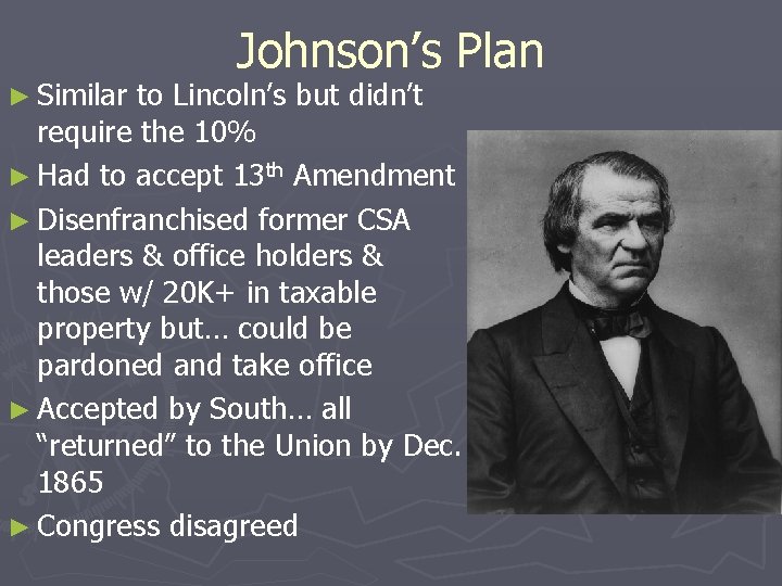 ► Similar Johnson’s Plan to Lincoln’s but didn’t require the 10% ► Had to