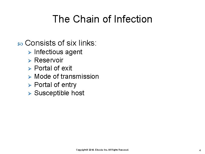 The Chain of Infection Consists of six links: Ø Ø Ø Infectious agent Reservoir