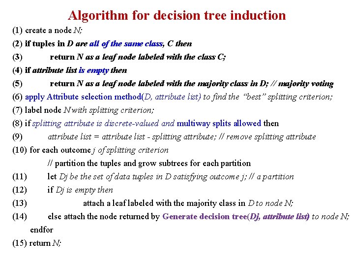 Algorithm for decision tree induction (1) create a node N; (2) if tuples in Algorithm for decision tree induction (1) create a node N; (2) if tuples in