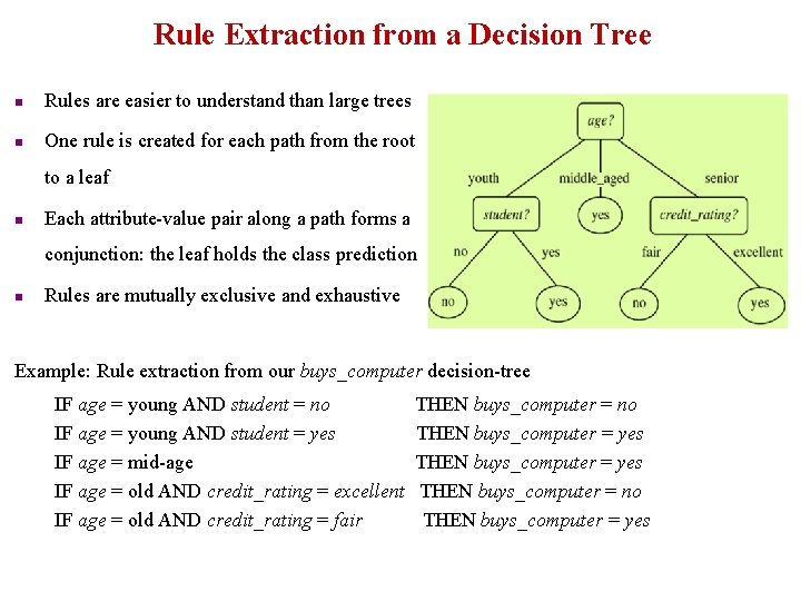 Rule Extraction from a Decision Tree n Rules are easier to understand than large Rule Extraction from a Decision Tree n Rules are easier to understand than large
