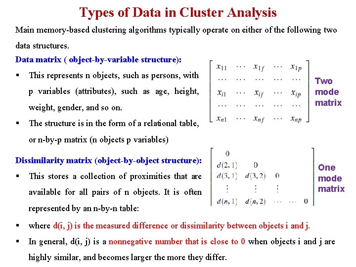 Types of Data in Cluster Analysis Main memory-based clustering algorithms typically operate on either Types of Data in Cluster Analysis Main memory-based clustering algorithms typically operate on either