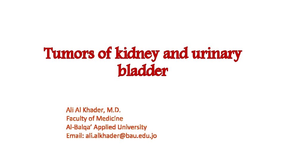 Tumors of kidney and urinary bladder Ali Al Khader, M. D. Faculty of Medicine