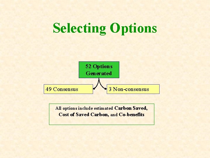 Selecting Options 52 Options Generated 49 Consensus 3 Non-consensus All options include estimated Carbon