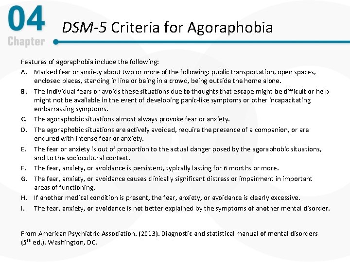DSM-5 Criteria for Agoraphobia Features of agoraphobia include the following: A. Marked fear or
