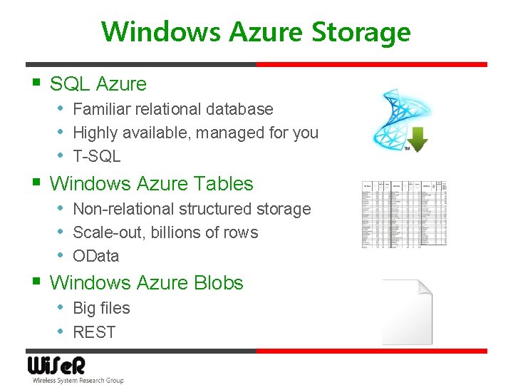 Windows Azure Storage § SQL Azure § § • Familiar relational database • Highly