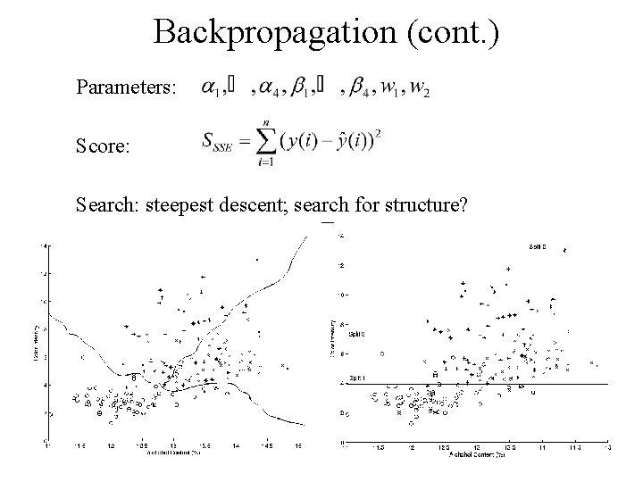Backpropagation (cont. ) Parameters: Score: Search: steepest descent; search for structure? 