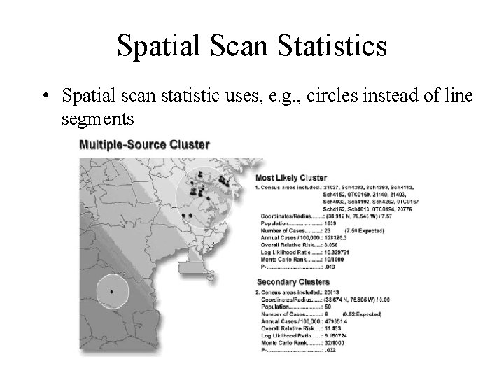 Spatial Scan Statistics • Spatial scan statistic uses, e. g. , circles instead of