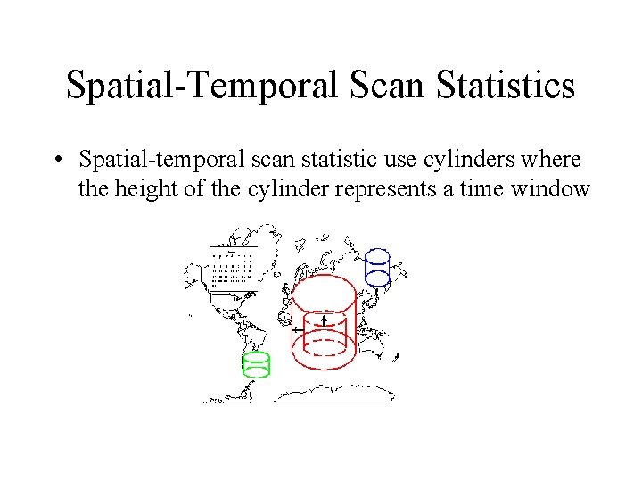 Spatial-Temporal Scan Statistics • Spatial-temporal scan statistic use cylinders where the height of the