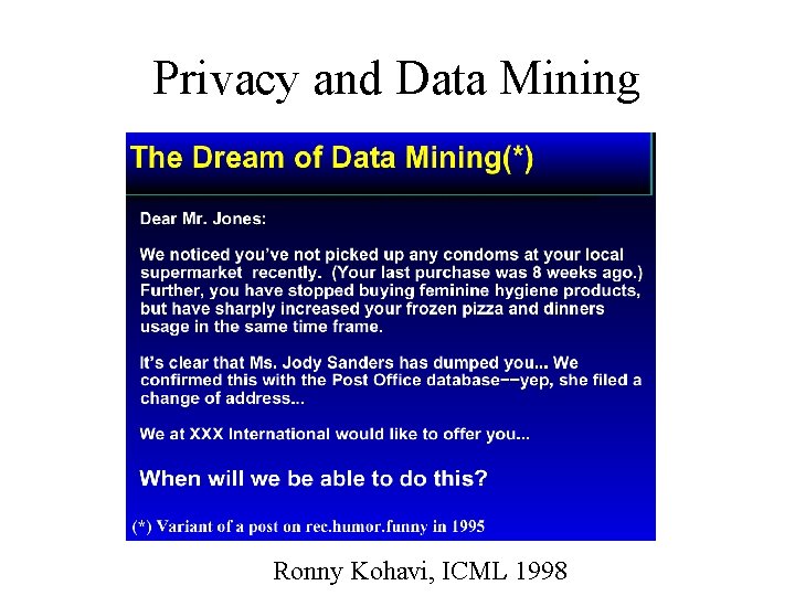 Privacy and Data Mining Ronny Kohavi, ICML 1998 