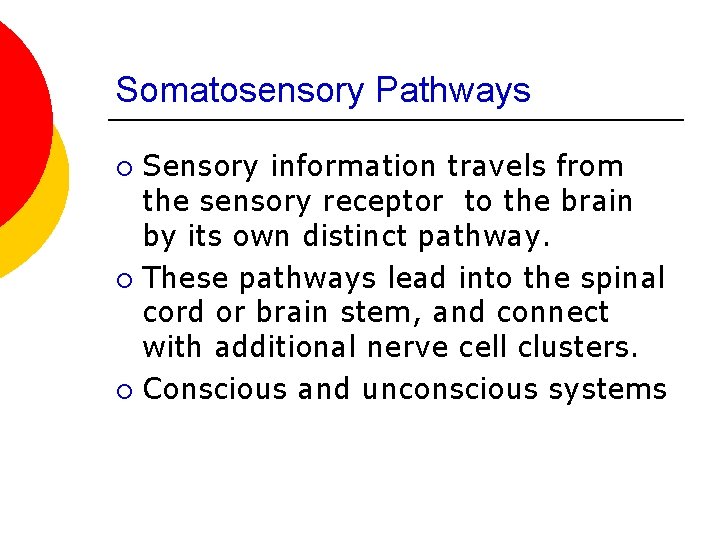 Somatosensory Pathways Sensory information travels from the sensory receptor to the brain by its
