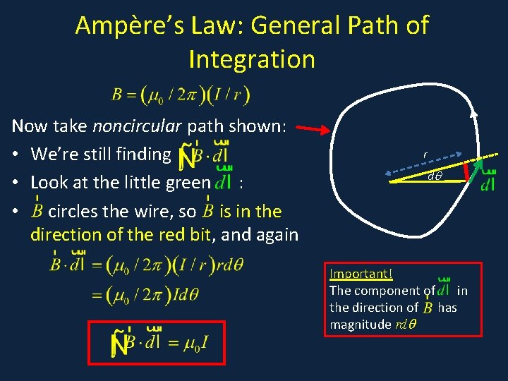 Ampère’s Law: General Path of Integration Now take noncircular path shown: • We’re still