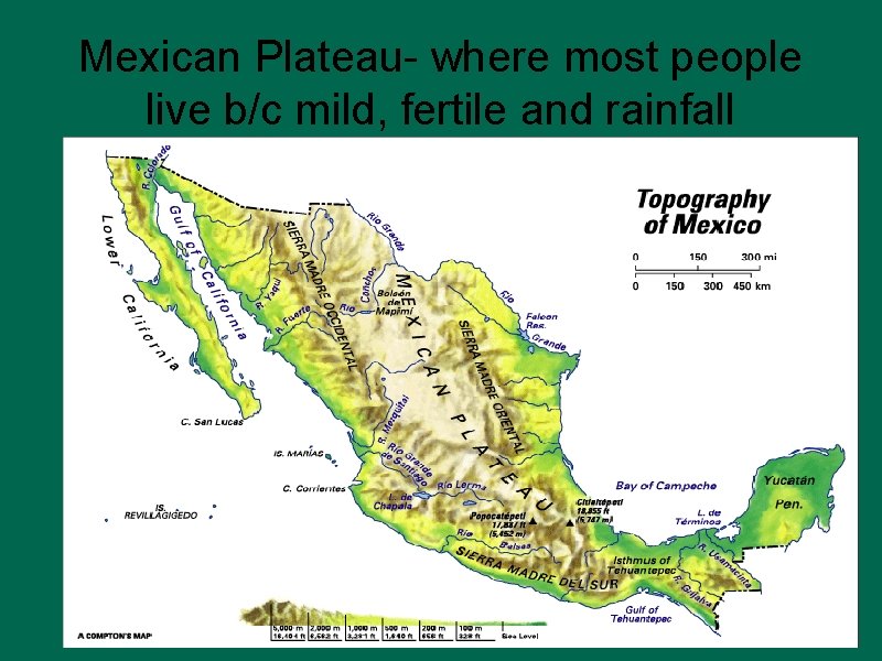 Mexican Plateau- where most people live b/c mild, fertile and rainfall 