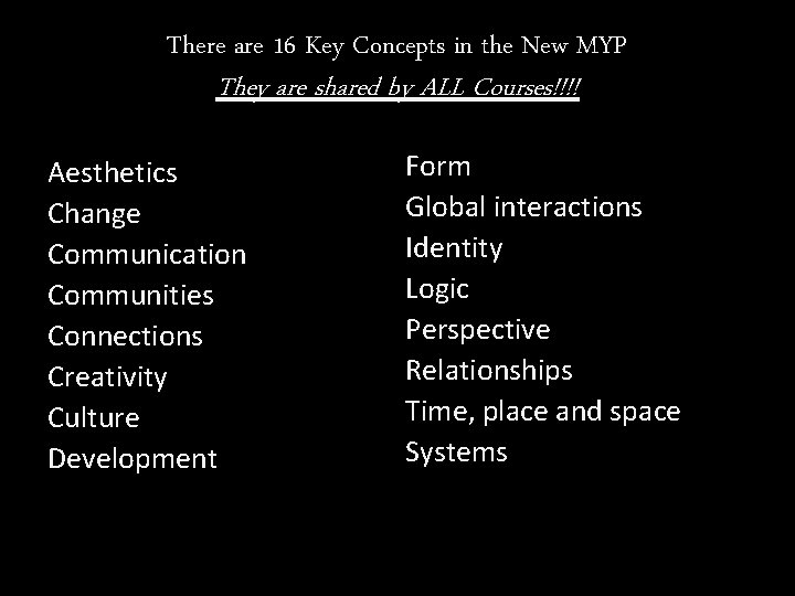 There are 16 Key Concepts in the New MYP They are shared by ALL There are 16 Key Concepts in the New MYP They are shared by ALL