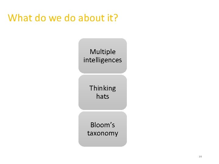 What do we do about it? Multiple intelligences Thinking hats Bloom’s taxonomy 10 