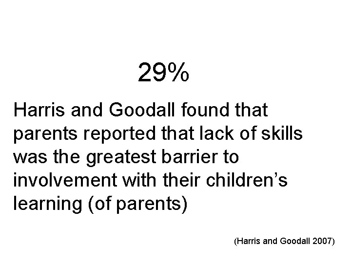 29% Harris and Goodall found that parents reported that lack of skills was the