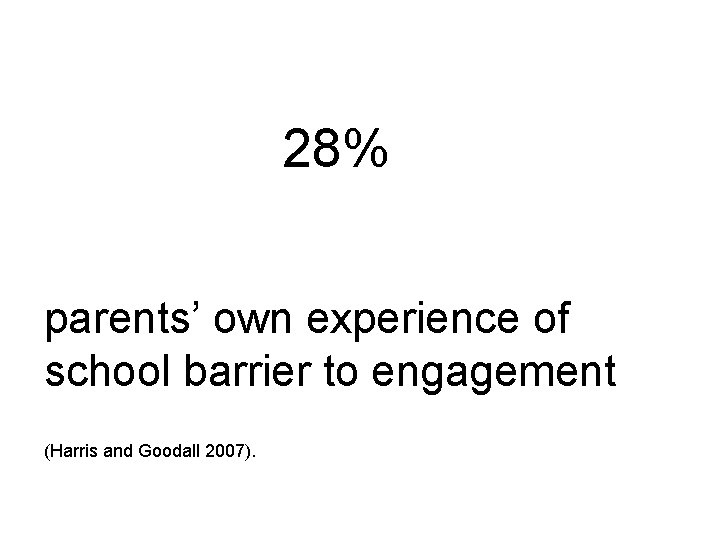 28% parents’ own experience of school barrier to engagement (Harris and Goodall 2007). 
