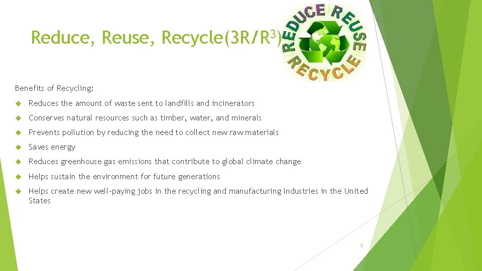 Reduce, Reuse, Recycle(3 R/R 3) Benefits of Recycling: Reduces the amount of waste sent