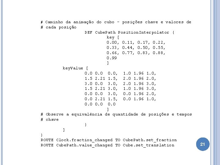 # Caminho da animação do cubo - posições chave e valores de # cada