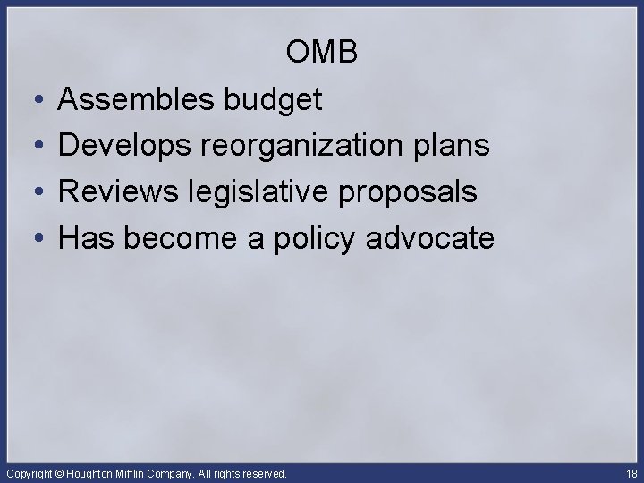  • • OMB Assembles budget Develops reorganization plans Reviews legislative proposals Has become