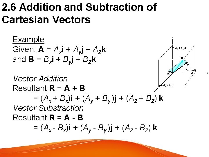 2. 6 Addition and Subtraction of Cartesian Vectors Example Given: A = Axi +