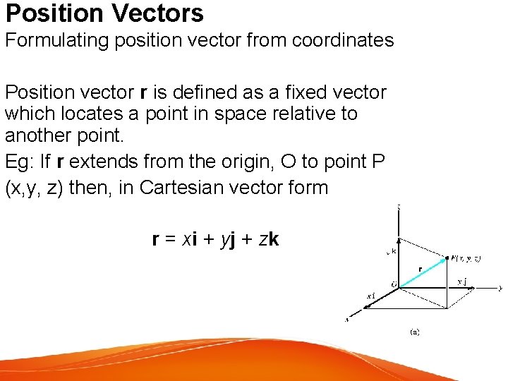 Position Vectors Formulating position vector from coordinates Position vector r is defined as a