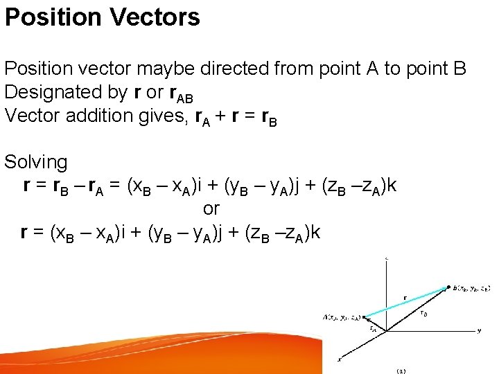 Position Vectors Position vector maybe directed from point A to point B Designated by