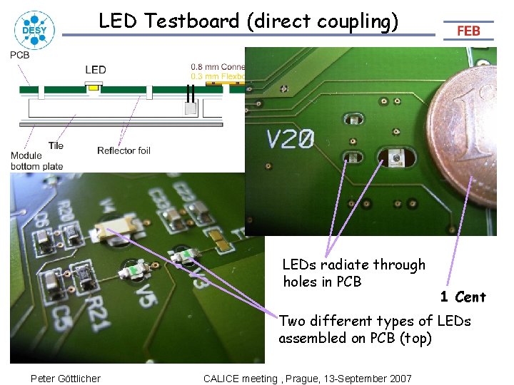 LED Testboard (direct coupling) LEDs radiate through holes in PCB 1 Cent Two different