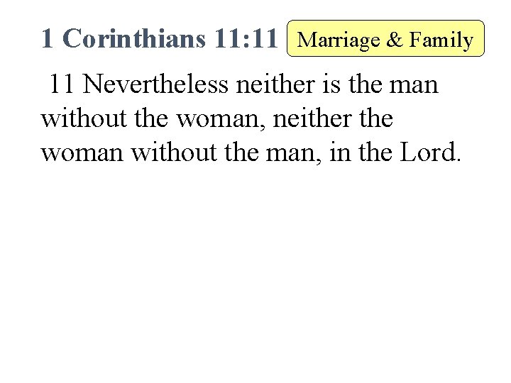 1 Corinthians 11: 11 Marriage & Family 11 Nevertheless neither is the man without