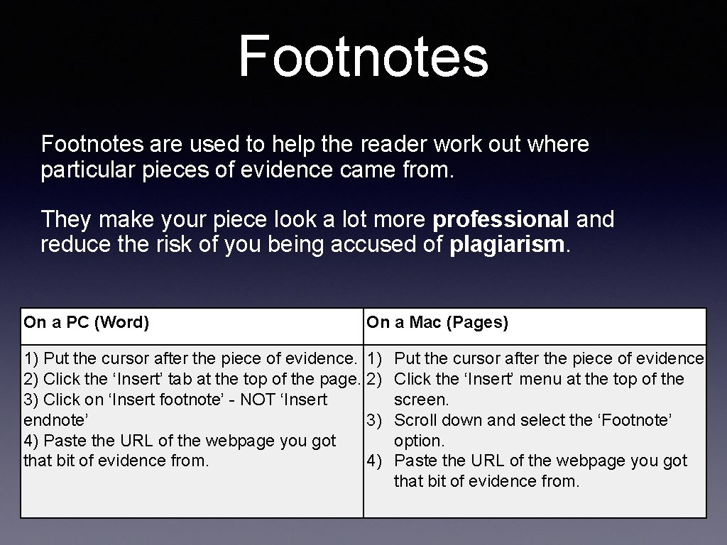 Footnotes are used to help the reader work out where particular pieces of evidence