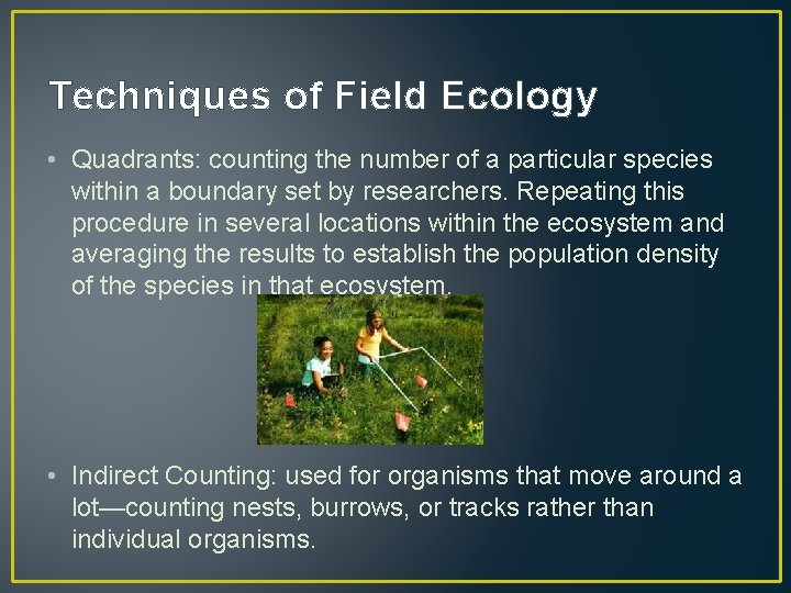 Techniques of Field Ecology • Quadrants: counting the number of a particular species within