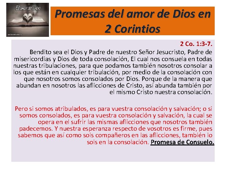 Promesas del amor de Dios en 2 Corintios 2 Co. 1: 3 -7. Bendito