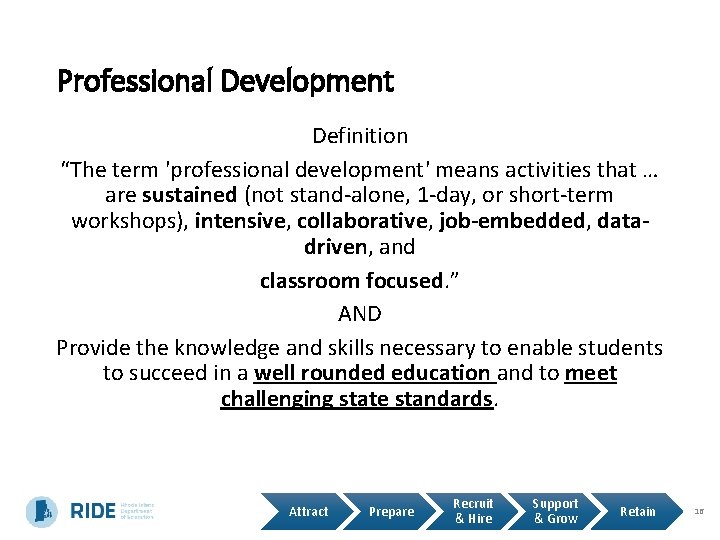 Professional Development Definition “The term 'professional development' means activities that … are sustained (not